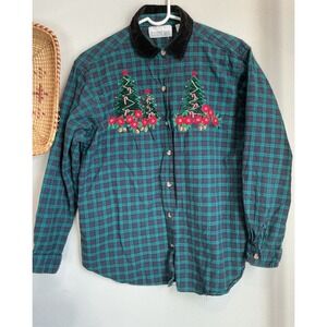 Vtg Casey & Max Shirt Womens M Green Blue Plaid Embroidered Christmas Button Up